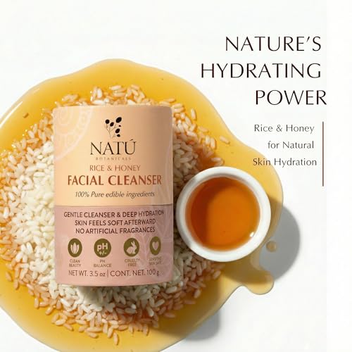 NATÚ BOTANICALS Rice & Honey Powder Face Cleanser - Hydrating Facial Cleanser & Gentle Exfoliator For Radiant Skin - Clarifying & Nourishing Daily Powder Face Wash for Women 3.5oz