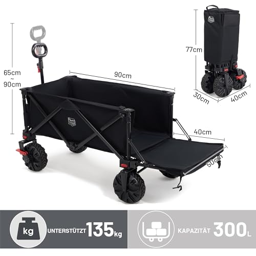 TIMBER RIDGE XXXL Bollerwagen Faltbare 300L Extra Langer mit Faltbarer Heckklappe Handwagen mit Seitentasche Getränkehalter verstellbarem Griff, Gartenwagen Transportwagen für Alle Gelände