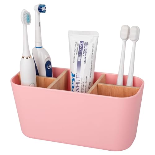 Toothbrush Holders for Bathrooms Bamboo Tooth Brush Holder with 5 Slots Bathroom Vanity Organizer Countertop for Electric Toothbrushes Toothpaste Razors - Pink