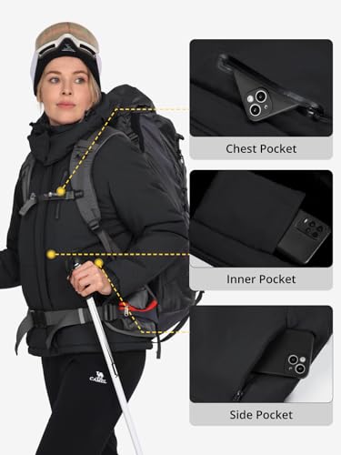 CAMEL CROWN Damen Warm Winter Skijacken Wasserdicht Schneemantel mit Kapuze Berg Winddicht Regenjacke, Black, Small