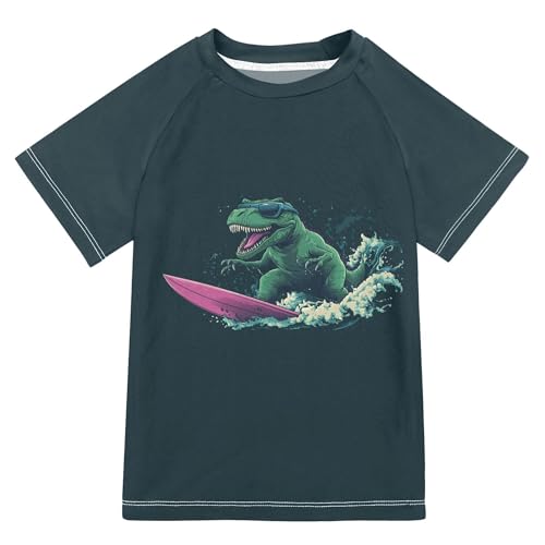 Wudan T-rex Dinosaur Surfing Dark Girls Bathing Suit Short Sleeves Rash Guard for Girls Swimwears Activewear for Toddler Boy 9-10Y