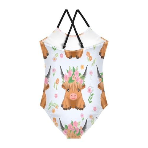 Girl Bathing Suits 3-10 Y Beach Swim Suits Kids, Cute Highland Cow Flowers Mauve2