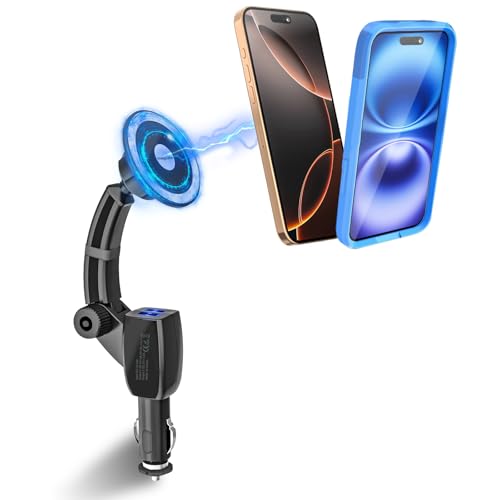 Kolasels Magnetic Phone Holder for Car Cigarette Lighter [Dual USB Fast Charging] Cigarette Lighter Socket Phone Mount Charger with Adjustable Arm, for iPhone 16 15 14 MagSafe Car Mount