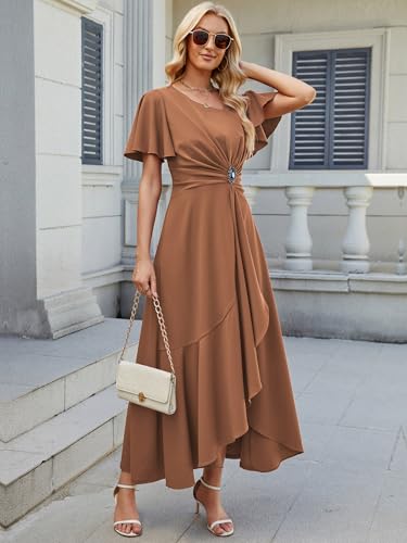 Image of QMZ Wedding Guest Dresses for Women V Neck Cocktail Dress Ruffle Sleeve A Line Evening Party Formal Dresses for Women