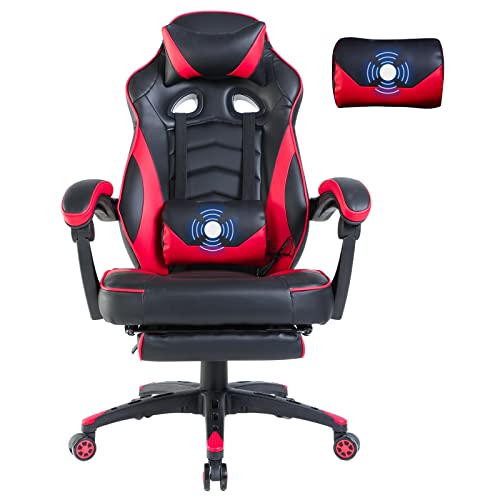 Simore Gaming Stuhl Computerstuhl Ergonomischer Racing Stuhl Bürostuhl mit Fußstütze und Lendenmassage Drehstuhl mit Kopfstütze Höhe und Rückenlehne verstellbar (Schwarz & Rot) Cover