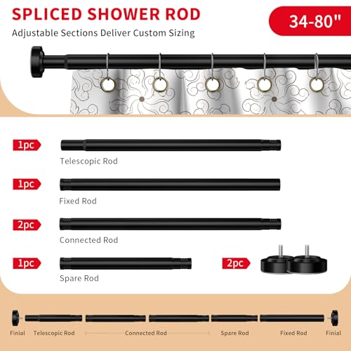 Image of Black Shower Curtain Rod 34-80 Inches Never Rust Stainless Steel Tension Curtain Rod Adjustable Shower Rod Spring Tension Non-Slip No Drilling Shower Rods for Bathroom Window