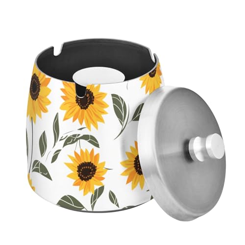 Cute Sunflowers White Print Ashtray with Lid, Outdoor Ashtrays for Patio, Stainless Steel Ashtray Odorless Smokeless for Home Office Balcony