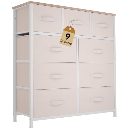 DWVO Dresser with 9 Drawers - Fabric Storage Tower, Organizer Unit for Living Room, Hallway - Sturdy Steel Frame, Wooden Top & Easy Pull Fabric Bins