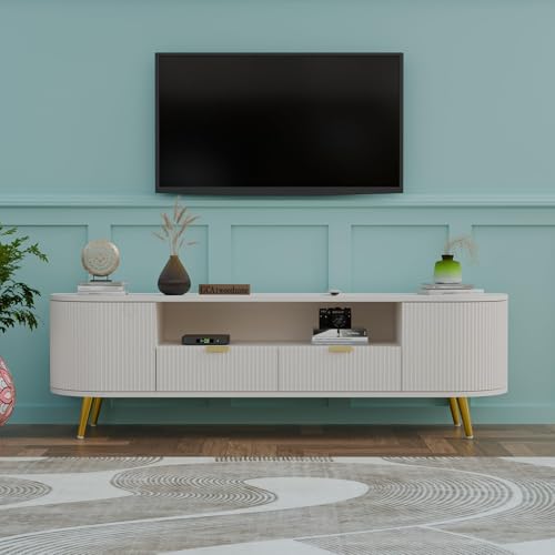 Image of Wooden TV Unit for Living Room | Free Standing Modern White TV Stand 60 x 16 x 22 Inches | TV Cabinet & Console for 55-60 Inch TV with 2 Drawers & 5 Shelves | HDMR Wood & Iron Legs
