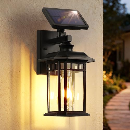 FNOESTY Solar Outdoor Wall Light, Dusk to Dawn Porch Lights Outdoors, IP65 Waterproof Exterior Sconce Lighting Fixtures, Matte Black Aluminum Outside Wall Lamps for Garage Yard Patio