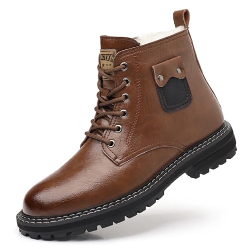 Men's Fashion High-Top Lace-Up Fur Lined Warm Comfortable Chukka Ankle Boots with Side Zipper Round Toe Low Chunky Heel Non-Slip Casual Shoes for Walking Outdoor Hiking Street Backpacking Daily Wear (9.5,Brown)