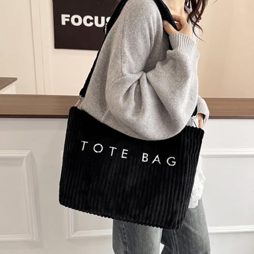 Image of Kawn Korean Tote Bag Aesthetic Corduroy Canvas Handbag for Women Zipper Casual Large Capacity Shoulder Bag with Pockets Versatile Everyday use for College Work Travel & Shopping