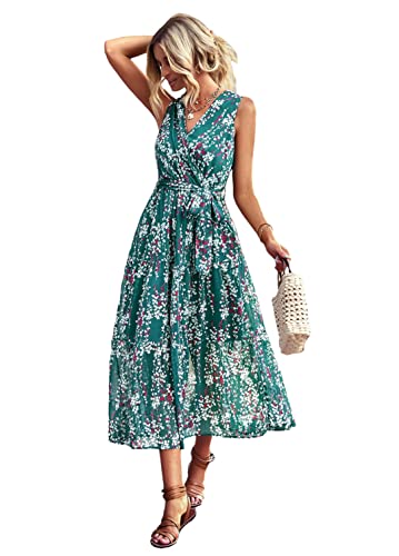 Robe vintage sans manches Adhdyuud à fleurs col en V chic et fluide