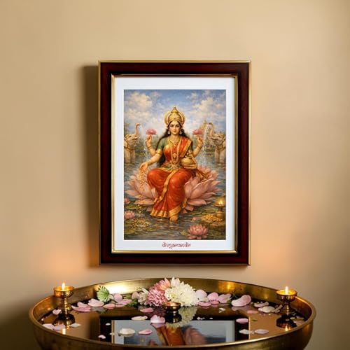 Image of divyamandir Lakshmi Maa Framed Wall Art (18 x 14 Inches) | Traditional Hindu Goddess Painting with Glass Frame | Decorative Photo Frame for Home, Pooja Room & Office Decor (Lakshmi Maa)