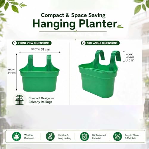 Image of Go Hooked 12 Inch Plastic Railing Hanging Planter Pot Set of 5 | Rectangular Flower Pots with Double Hook for Garden Fence Balcony Indoor Outdoor Home Decor | Durable Plant Container (Green)