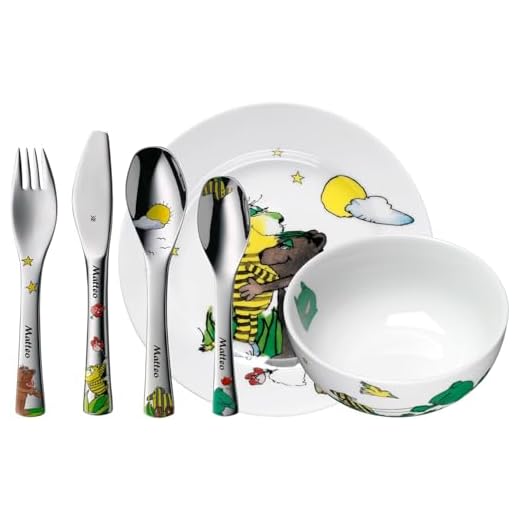WMF Kindergeschirr Set Janosch 6-teilig mit Gravur – mit Namen – Porzellan Teller, Müsli-Schale, Tasse und Kinderbesteck – Weihnachtsgeschenke für Kinder
