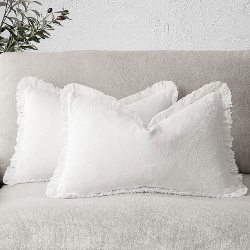Image of Foindtower Set of 2 Decorative Linen Fringe Throw Pillow Covers Cozy Boho Farmhouse Cushion Cover with Tassels Soft Accent Pillowcase for Couch Sofa Bed Living Room Home Decor,12x24 Inch,White