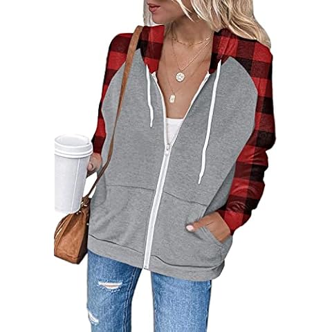 Ezbelle Women's Full Zip Up Hoodies Pullover Tops Casual Long Sleeve Sweatshirt Color Block Jacket Coat with Pockets, Red1, S Cover