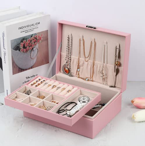 Boîte de rangement à bijoux en cuir double couche pour femme - Boîte de rangement amovible pour boucles d'oreilles, bracelets et colliers - Boîte de rangement avec séparation (rose) Cover