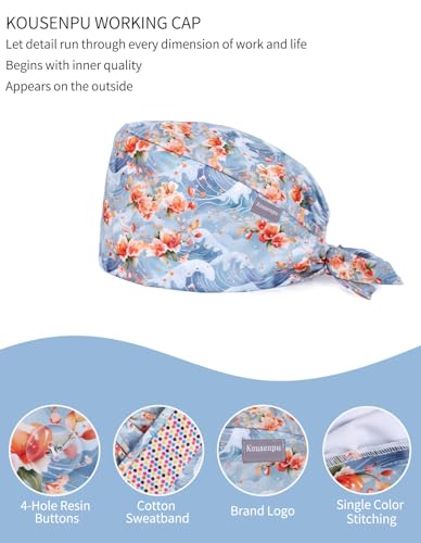 Image of Kousenpu Scrub Caps for Women, Adjustable Women's Surgical Cap with Buttons, Breathable Cute Design for Nurses and Doctors