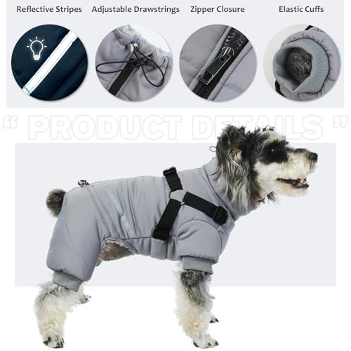 Wintermantel Mit Geschirr für Hunde - Reflektierende Wasserdichte Winterjacke, Thermomantel, Winddichte Warme Fleece Weste, Hundeanzug, Winter Pyjama (Grau, L)