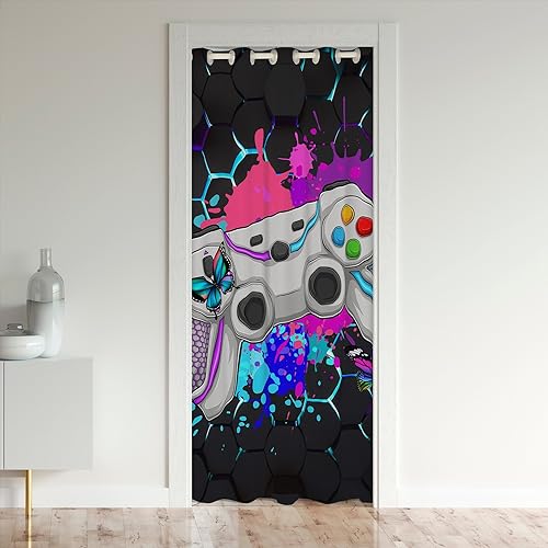 Boys Teens Game Door Curtain for Kids Adults,Cartoon Gamepad Watercolor Butterfly Dots Room Divider Curtain Cover,Neon Geometric Honeycomb Colorful Graffiti Doorway Curtain 1 Panel,34