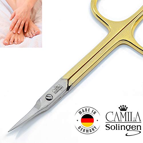 Camila Solingen CS04 Professional Nail Cuticle Scissors, Hypoallergenic Gold Plated Sharp Curved Manicure Pedicure Grooming for Finger and Toe Nail Care. Made of Stainless Steel in Solingen, Germany