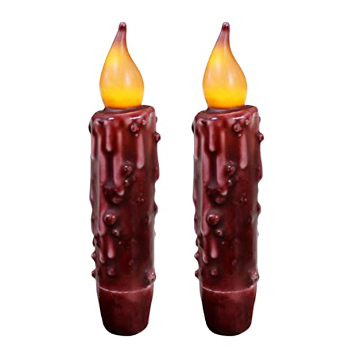 CVHOMEDECO. Echtwachs Hand getauchte batteriebetriebene LED Timer Taper Candles Country Primitive Flameless Lights Dekor, 12 cm, Burgund, 2 Stück in einer Packung Cover