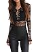 Simplee Apparel Damen Bodysuit Sexy Langarm V-Ausschnitt Lace up Spitze Transparent Bodysuit Langarmshirts Oberteile Schwarz