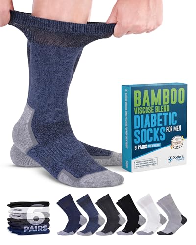 Doctor's Select Bamboo Viscose Diabetic Socks for Men - 6 Pairs Crew Mens Diabetic Socks | Diabetic Neuropathy Socks for Men | Black, White, Grey, Dark Grey, Navy, Blue