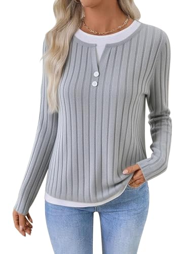 Awinclo Long Sleeve Jumper for Women Pullover Crewneck Color Block Sweater Casual Ladies Plain Sweatshirt with Buttons Clothes Fall Outfit for Women UK Light Grey XX-Large