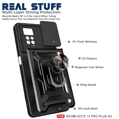 Image of Armor Bumper Back Cover Case for Redmi Note 11 Pro / 11 Pro Plus Rotating Camera Cover, Ring Holder & Kickstand | Heavy Duty & 360 Degree Protection Back Cover (Black)