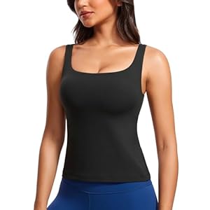 CRZ YOGA Butterluxe U Neck Tank Tops for Women – Padded Athletic Workout Camisole Crop Tops with Built in Bra