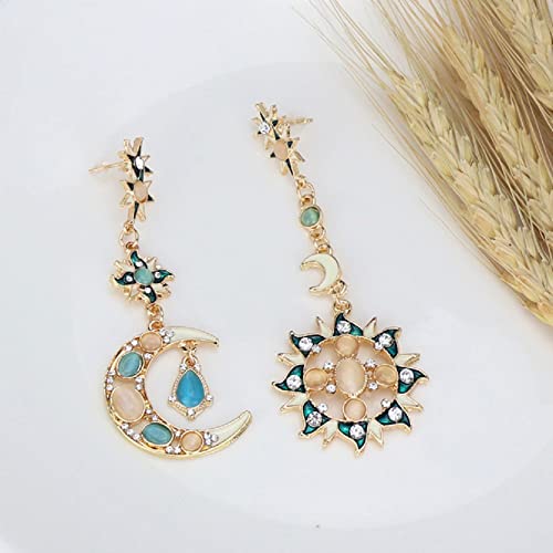 Vintage Asymmetrical Sun And Moon Drop Dangle Earrings Rhinestone Crystal Moonstone Crescent Star Long Stud Earrings Bohemian Exaggerated Luxury Statement Earrings For Women Girls Jewelry-Style A #TOP1