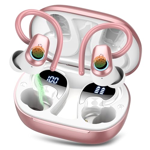 Cuffie Bluetooth Sport, Auricolari Bluetooth 5.3 con 50 Ore HiFi Stereo, Cuffie Wireless con 4 Mic, Cancellazione Rumore, IP7 Impermeabili, Ricarica Rapida, Cuffiette Bluetooth per Running, Oro rosa