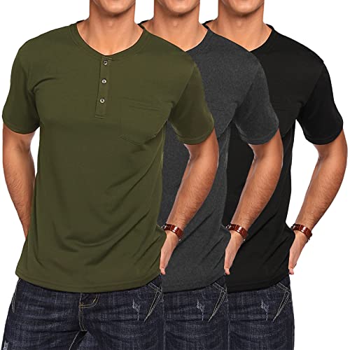 COOFANDY Men's 3 Pack Henley Shirts Short Sleeve Casual Basic Tees Classic Henley Summer Solid T Shirts with Pocket