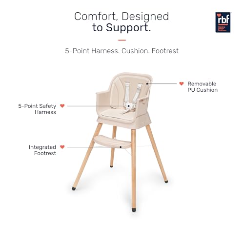 Image of Growgether ORBIT 4-in-1 Baby High Chair with Solid Beechwood Legs | TUV SUD Certified Convertible Wooden Feeding Chair, Booster Seat & Toddler Stool (6-36M) | 5-Point Safety Harness, Dual-Layer PP Tray & Removable PU Cushion | 1 Year Warranty | Beige