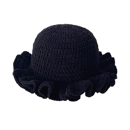 Women's Crochet Ruffled Bucket Hat - Winter Fashion Knitted Hat Foldable Wide Brim Fisherman Beanie Cap Stretchy Knit Hat (US, Alpha, One Size, Black)