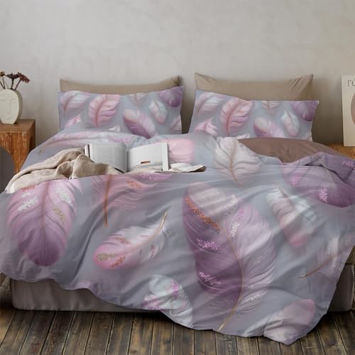 Rose Clair Housse de Couette 260x240cm Style bohème Parure de Lit Réversible avec Fermeture Éclair, Housse de Couette Imprimée Motifs Plume et 2 Taie...