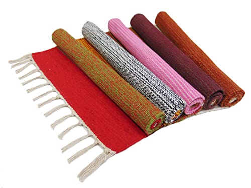 Image of MAHZEE HOME� Hand Woven Cotton Multicolor Small Rug for Bedroom, Living Room, Kids Room and Kitchen | Size : 1'4 inchx2' Feet or 16x24 Inch or 40x60 cm| 100% Organic| Machine Washable (Combo of 5 Pcs)