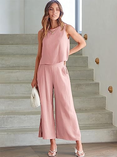 Image of ANRABESS Women's Summer 2 Piece Outfits Sleeveless Tank Crop Button Back Top Cropped Wide Leg Pants Set Pockets
