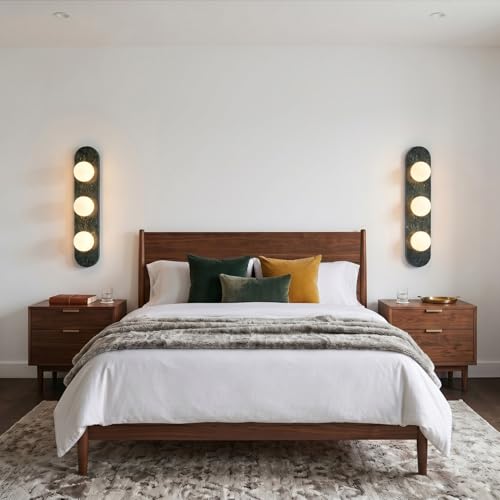 Image of Modern Green Marble Wall Sconce, Natural Stone Wall Lamp with Etched Opal Glass Shade, Mid-Century Minimalist Hardwired Wall Light for Bathroom Vanity, Bedroom, Living Room, Hallway 23.6in