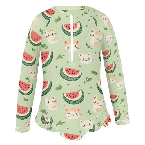 Watermelon Cats Pastel Green Rashguard Girls One Piece Swimsuit Quick Dry Ruffles Swimwear 3T2