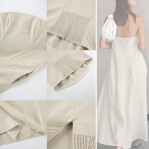 GVCXCSGE Women Strapless Linen Maxi Dress Tubular Top A-line Headband Long Beach Dress Casual Dresses, khaki, M - Image 6