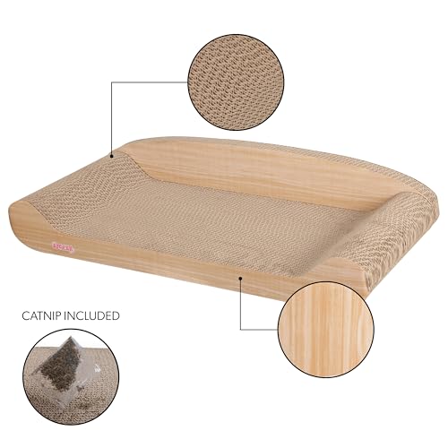 Image of Montego 27.5 inch Cardboard Cat Scratcher Lounge Bed, Corrugated Sofa Scratching Pad with Catnip, Oak Wood Finish Furniture Protector for Large Cats CSR1004C