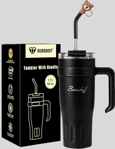 Image of Insulated Tumbler with Straw Lid and Handle (1200 ML) Double Wall Sipper Water Bottle for Adults, Tumbler Bottle with Straw (Black, 1200 ML, with Bear Straw Coverr)