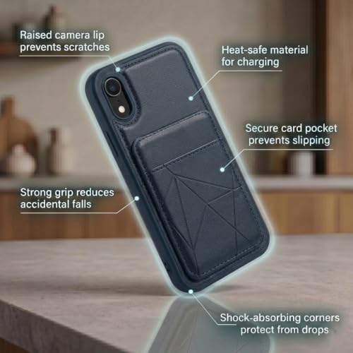 Image of amazon basics Premium Vegan Leather Back Cover with Card Holder and Integrated Mobile Stand for iPhone XR - Slim Shockproof Wallet Case with Geometric Stitching [Blue]
