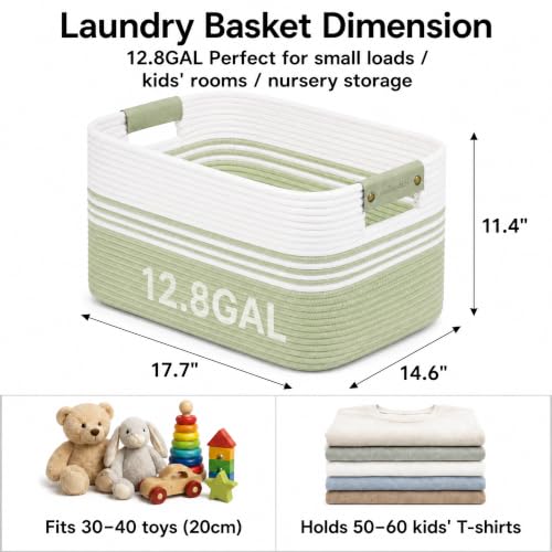 Image of 12.8GAL Small Cute laundry basket for nursery, Boho Square storage basket for Living Room Decor, Kids Girls Boys Toys Stuffed Animal Decorative Short Hamper for Dirty Clothes, Bath Towel White Green