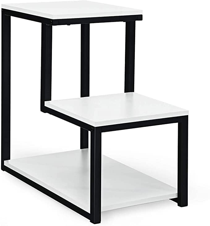 Image of 3-Tier Sofa Side Table, Nightstand with Storage Shelf, Sturdy Metal Frame, Ladder-Shaped Chair Side Table, Tabletop Storage Shelf for Living Room or Bedroom