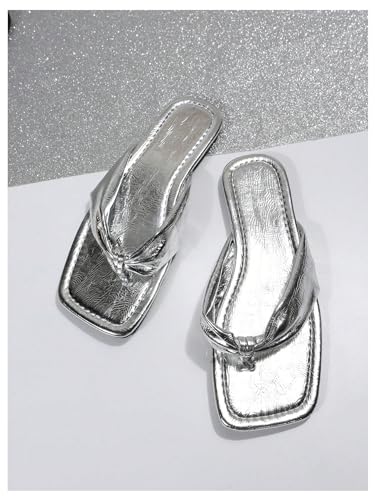 Image of GORGLITTER Women's Flip Flops Flat Sandals Dressy Metallic Square Toe Thong Vacation Summer Weeding Slides Sandals